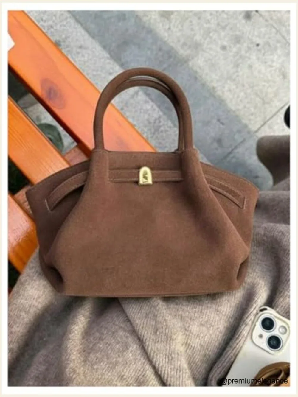 Vintage Suede Leather Satchel Handbag Small Bucket Bag Purse